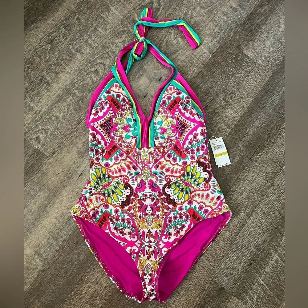 NWT Trina Turk Hawaiian Garden Border Halter Plunge One Piece Swimsuit-Size 14 - Picture 3 of 9